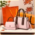 Pink handbag set with tote and crossbody styles, stylish brown handles for women daily use. - Gift Box Packing / Pink
