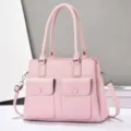 Pink leather tote bag with top handles, front pockets and large capacity for women. - Pink