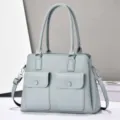 Large capacity tote handbag for women, stylish gray shoulder bag with multi compartments. - Blue