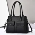 Stylish black large capacity triple compartment tote bag, elegant women handbag for daily use. - Black