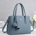 Blue litchi pattern leather handbag, multi-layer large capacity casual shoulder cross body bag. - L 31cm, W 14cm, H 22cm, Handle 17cm / Blue