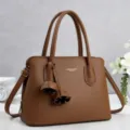 Stylish brown litchi pattern leather handbag for women, spacious multi-layer shoulder crossbody tote bag. - L 31cm, W 14cm, H 22cm, Handle 17cm / Brown