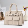 Élégant sac à main en cuir beige pour femme, cabas élégant pour travail et bureau. - Kaki