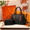 Detailed view of women black handbag set with brown handles and elegant design for daily use. - Gift Box Packing / Black