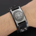 Men Vintage Viking Rune PU Leather Cuff Bracelet Gothic Odin Metal Plate Wristband Hot - Black Leather + Antique Silver Pendant