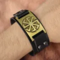 Punk stijl retro zwart PU lederen armband met vintage metalen zonnewiel plaquette voor mannen - Antiek Brons