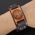 Viking rune leather bracelet for men, retro Nordic mythology punk PU wristband jewelry. - Brown Leather & Antique Bronze Pendants
