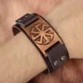 Vintage Punk PU Lederen Armband Heren Retro Brede Manchet Polsband Met Metalen Zonne-wiel - Antiek rood koper