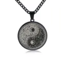 Herren Edelstahl schwarze Yin Yang Taiji runde Anhänger Halskette mit Kette Schmuck - Tai Chi - Schwarz