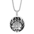 Stainless steel Wicca lotus moon pendant necklace, black and silver jewelry for men women. - Steel