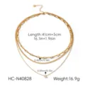 Elegant 18K gold plated stainless steel triple layer chain necklace with detailed measurements - Three-Layer Round Rhinestone Style (HC-N40828)
