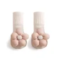 Calzini da pavimento per neonati con fiore rosa 3D, scarpe primi passi in maglia beige morbide. - Taglia S (lunghezza suola 11 cm) / Bianco