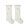 Infant baby mesh knee high socks white with blue ruffle lace and floral pattern variant - Off White