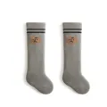Calzini alti neonato grigi con simpatico viso d'orso e righe, cotone morbido caldo - Taglia M (1-3A) / Gatto grigio-verde