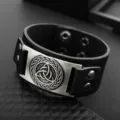 Vintage punk style wide leather bracelet for men with retro metal celtic knot design. - Antique Silver Style