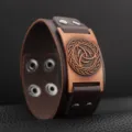 Brown leather cuff bracelet featuring a vintage copper-colored plate and Celtic knot design. - Antique Red Copper Style