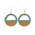 Close-up view of geometric wooden drop earrings featuring green and gold striped mountain pattern. - Round Hollow Striped Mountain Style (Style 5)