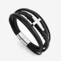 Men's multi-layer black PU leather braided bracelet featuring a silver cross and magnetic clasp. - 21cm / Silver