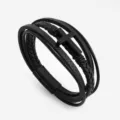 Men's multi-layer braided black leather bracelet with cross design and magnetic clasp. - 23cm / Black