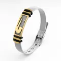 Men's stainless steel mesh link bracelet featuring gold tone accent and black rubber rings. - Saxophone Style