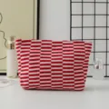 Red and white knitted makeup bag, chic striped checkerboard pattern cosmetic storage pouch. - White and Red Stripes