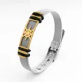 Stainless steel mesh bracelet with gold helm detail and black rings for men detail view. - Rudder Style