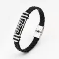 Stainless steel and black leather braided bracelet for men, featuring a geometric cross detail. - Hollow Cross