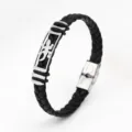 Men's black braided leather bracelet with stainless steel gecko cutout charm and secure clasp. - Gecko