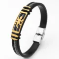 Stainless steel silicone bracelet with woven wire design, stylish black and gold cuff for men. - Gecko