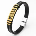 Stainless steel and black silicone bracelet detail shot, stylish geometric design. - Greek Key