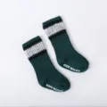 Kids high tube socks, dark green baby floor socks with silver stripes, anti-slip cotton socks. - Dark Green