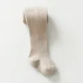 Baby ribbed tights in light khaki, soft cotton footed leggings for toddlers, autumn wear. - Light Coffee