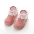 Rosa Baby Kleinkind Socken Schuhe rutschfeste Gummisohle Rüschen Neugeborene Boden Socken - Dunkelrosa mit Borte