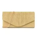 Gold glitter pleated evening clutch bag detail, elegant party purse with metallic chain. - Gold