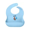 Light blue silicone baby bib with cute rooster print and waterproof pocket for feeding time. - Colorful Chicken