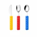 Stainless steel baby cutlery set with building block handles, size and weight specification diagram. - Building Block Cutlery Three-Piece Set (OPP Bag)