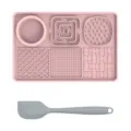 Silicone pet lick mat with multiple textured slow feeding zones and a handy grey spatula. - Pink + Scraper (Rectangular)