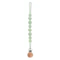 Green silicone pacifier clip with wooden ball, baby teething strap and safe metal clasp. - Green