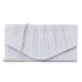 Silver glitter pleated clutch bag detail, elegant evening handbag metallic chain texture. - Silver
