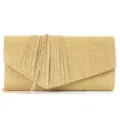 Gold glitter evening clutch bag with pleated flap design and chain strap for women party. - Gold