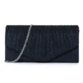 Dark blue glitter evening clutch bag with pleated flap design and stylish silver chain strap. - Dark Blue