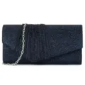 Dark blue glitter evening clutch bag with pleats and silver chain strap for women parties. - Dark Blue