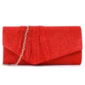 Red glitter clutch bag detail, pleated flap design with silver chain strap for women evening party. - Red