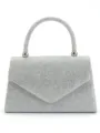 Vue détaillée du sac de soirée pailleté argenté avec rabat enveloppe et poignée supérieure. - Argent