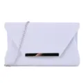 Glitter clutch detail showing shimmering white fabric texture, silver chain and metal bar. - White