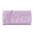 Glitter pleated evening clutch bag detail showing sparkling texture and silver chain strap. - Pink