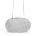 Silver woven clutch bag for women, elegant hard-case evening bag with metallic chain strap. - Silver
