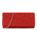 Close-up detail of red glitter pleated evening clutch bag with silver chain strap. - Red