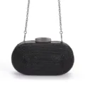 Elegant black woven oval clutch evening bag with metal chain strap for women parties. - Black
