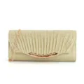 Close-up of gold glitter evening clutch bag with pleated texture and delicate chain strap. - Gold